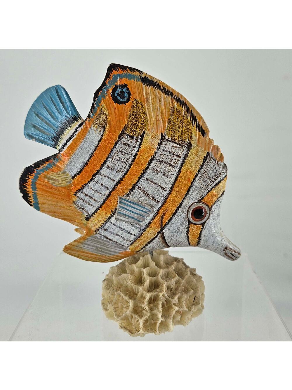 MCM Hand Carved Hand Painted Tropical Fish on Real Coral Base